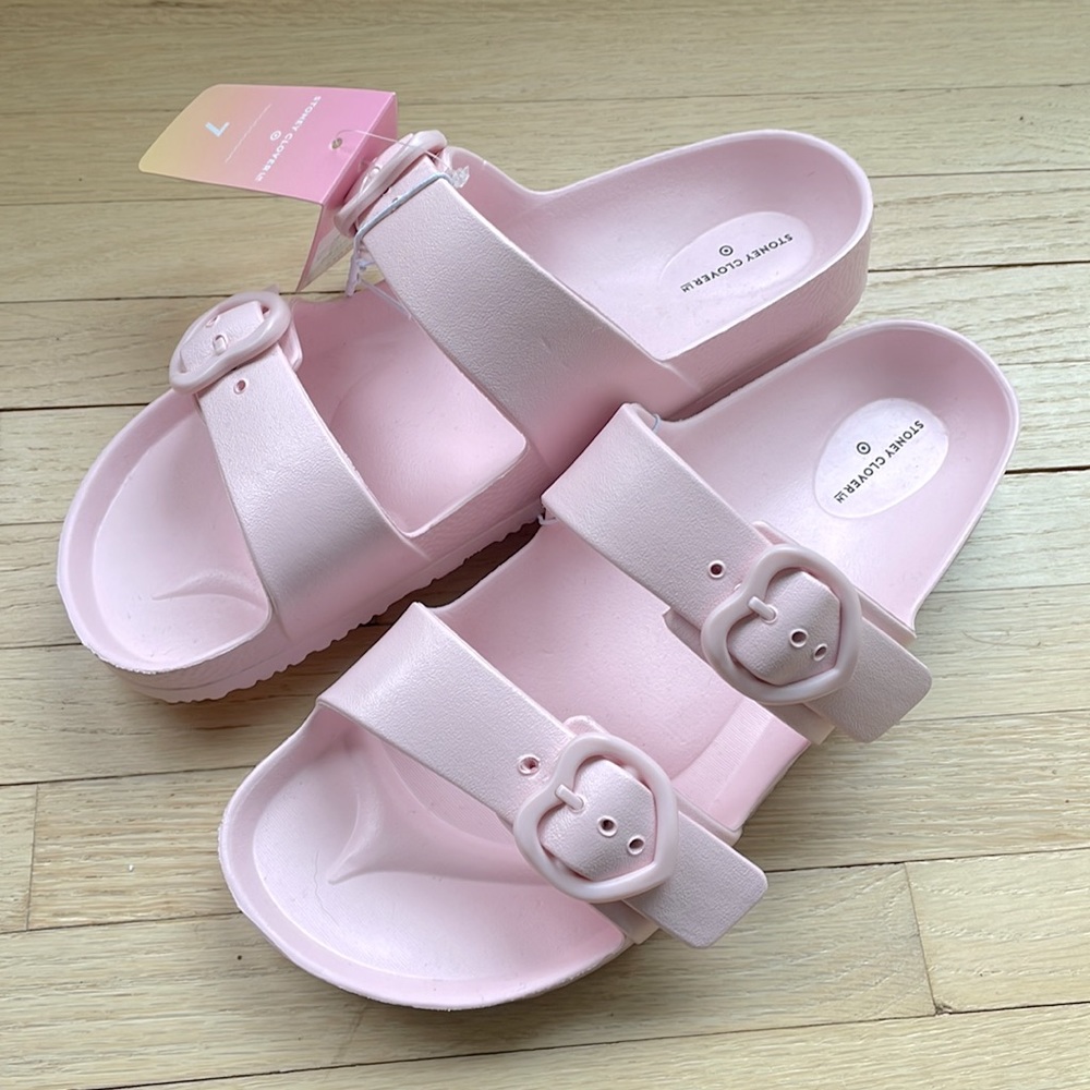 Stoney Clover Lane + Target Pastel Pink Heart Buckle slides sandals